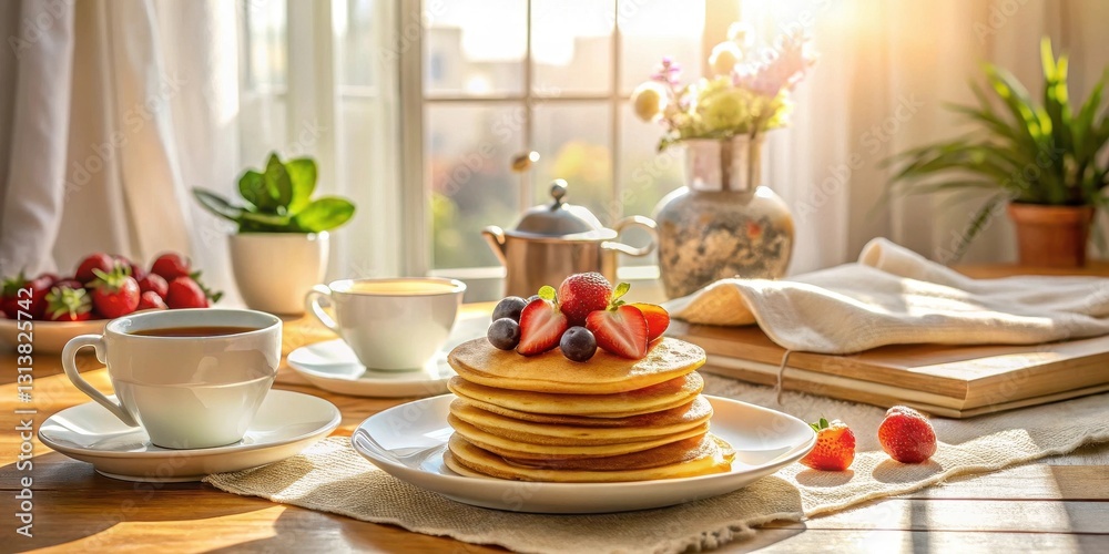 Φωτογραφία A sunny morning breakfast scene featuring a stack of pancakes adorned with fresh berries, accompanied by cups of tea and coffee, all set against a bright window background
