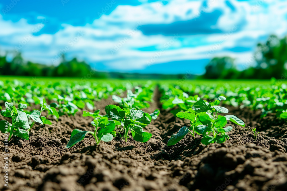 crops growing in a field with a blue sky background crops growing in a field with a blue sky background