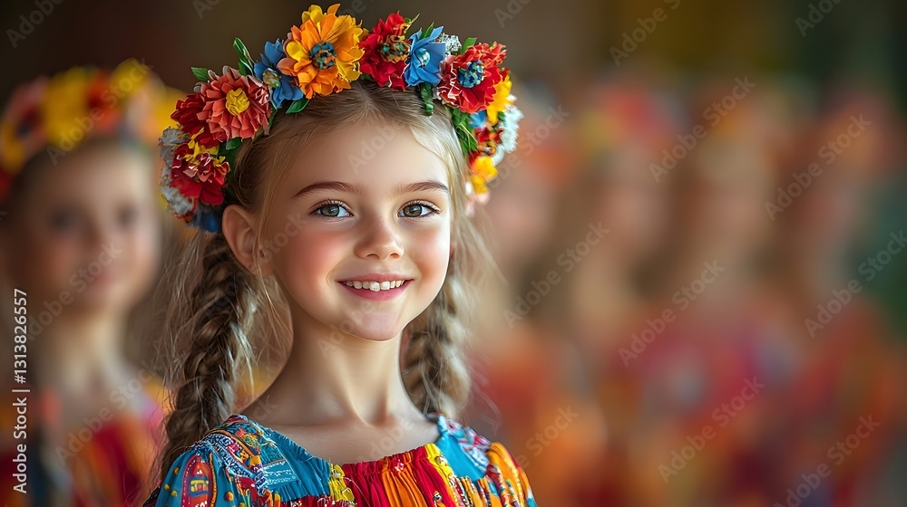 Fototapeta premium Joyful child in traditional costume joining festive Oktoberfest dance line with rustic ambiance