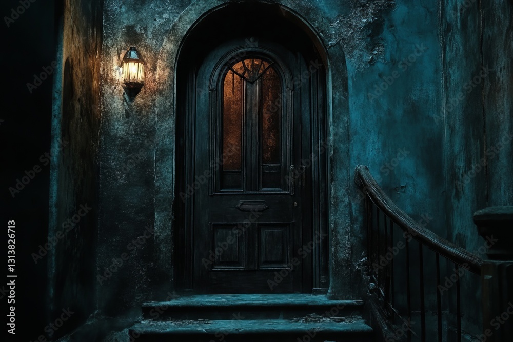 A dark door with a light on the outside. The door is made of wood and has a dark color. The light is shining on the door, making it look like it's glowing