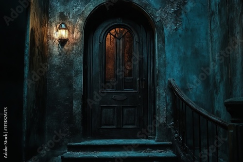 Obraz na płótnie A dark door with a light on the outside. The door is made of wood and has a dark color. The light is shining on the door, making it look like it's glowing w salonie