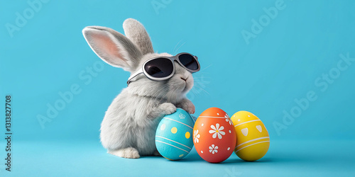 rabbit wearing sunglasses and pose with colorful Easter eggs on a blue background Easter day concept