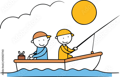 Friends enjoy a peaceful day of fishing on a boat in the open water during bright sunlight on transparent background