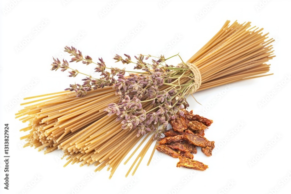 Golden Spaghetti Bundle with Aromatic Lavender and Sun Dried Tomatoes on Pure White Backdrop Golden Spaghetti Bundle with Aromatic Lavender and Sun Dried Tomatoes on Pure White Backdrop