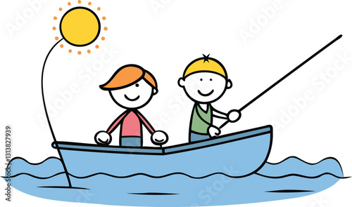 Friends enjoy a peaceful day of fishing on a boat in the open water during bright sunlight on transparent background