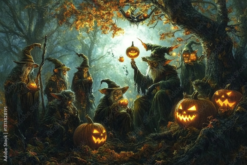 A group of witches are sitting in a forest with pumpkins and lanterns. Scene is spooky and mysterious