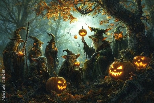 Obraz na płótnie A group of witches are sitting in a forest with pumpkins and lanterns. Scene is spooky and mysterious w salonie