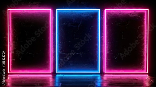 A dark space featuring three neon-framed rectangles in pink and blue, creating a vibrant, modern aesthetic.