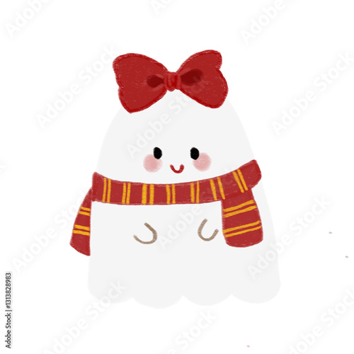 Cute Ghost Illustration with Bow Scarf Broomstick Star