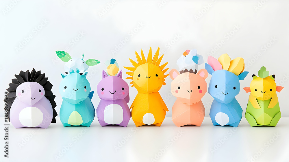 Obraz premium Adorable pastel-colored papercraft animals in a row