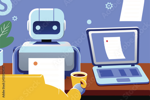 A futuristic flat robot meticulously scans documents on a cluttered desk near a whirring printer;  futuristic office setting.