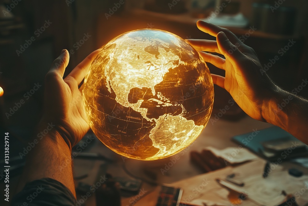 Illuminated Globe in Hands: Symbolizing Future and Connectivity of Earth