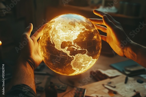 Obraz na płótnie Illuminated Globe in Hands: Symbolizing Future and Connectivity of Earth w salonie