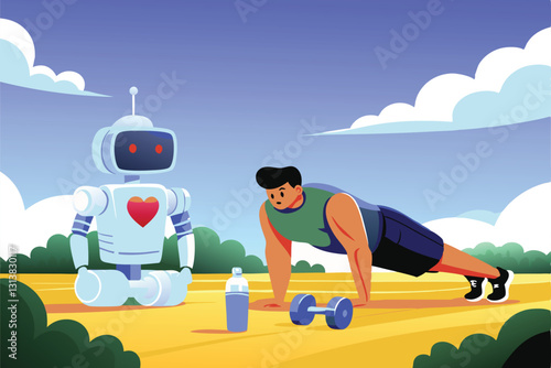 A futuristic flat robot, whistle in hand, guides a bewildered man through a purple, surreal landscape.  Intriguing, slightly unsettling scene.