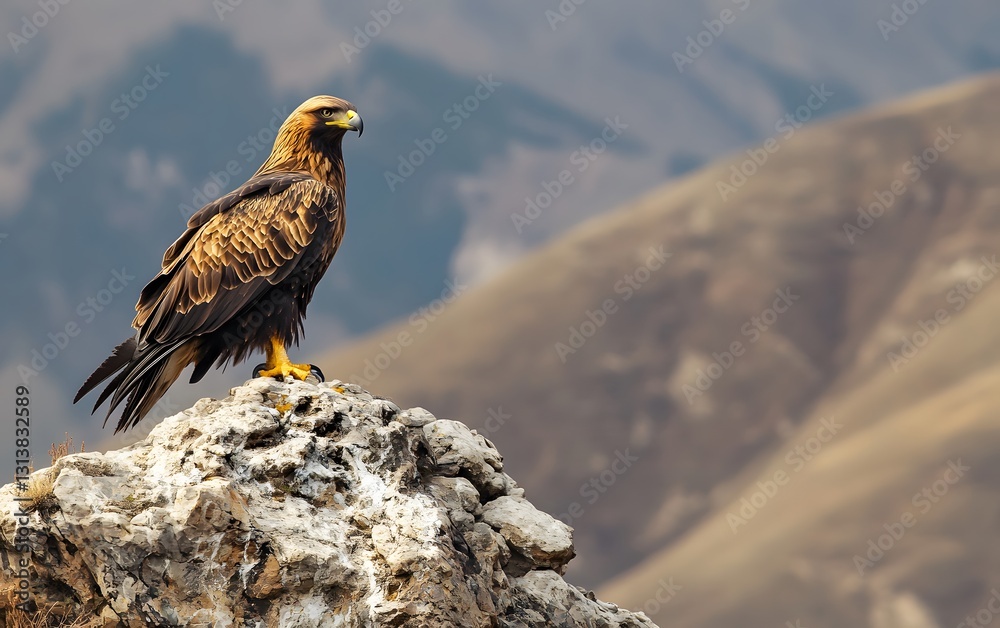 Fototapeta premium 8. A striking golden eagle perched on a rocky outcrop