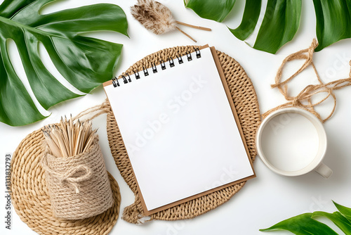 Blank notepad surrounded by tropical leaves,  natural materials, and a cup on a white background