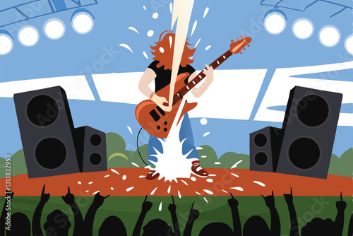 A passionate guitarist delivers a blistering solo on stage, surrounded by buzzing amplifiers; intense stage lighting illuminates the scene.