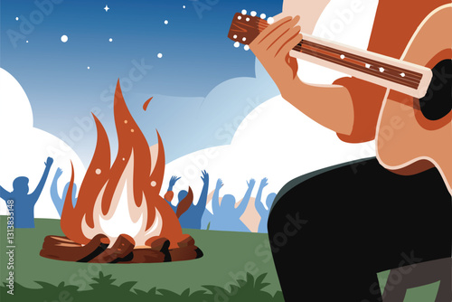 A lone guitarist serenades a crackling campfire under a starlit night sky, flames dancing in the foreground.