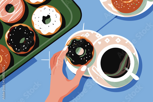 A close-up shot of a hand delicately dipping a donut into vibrant, glossy pink glaze, with sprinkles visible.