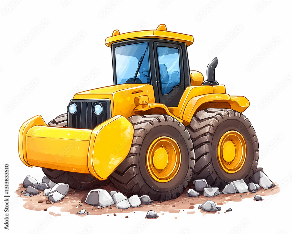Cartoon yellow bulldozer with large tires on rocks Cartoon yellow bulldozer with large tires on rocks