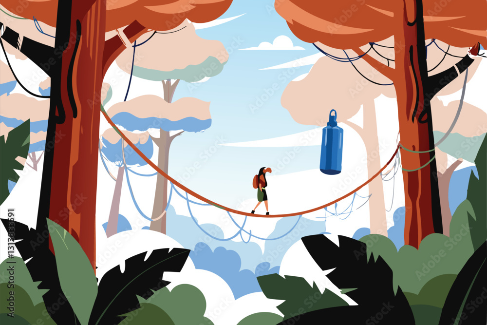 Ταπετσαρία A lone hiker cautiously traverses a rickety rope bridge suspended high above a vibrant, lush rainforest teeming with mist and rain