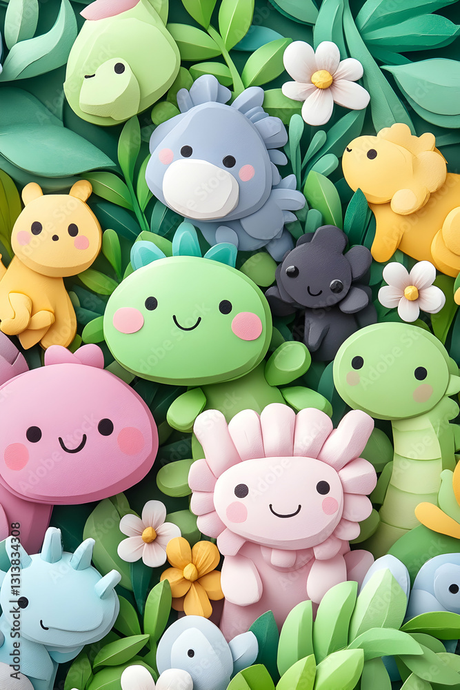 Fototapeta premium Cheerful pastel dinosaurs and flowers in a lush green garden