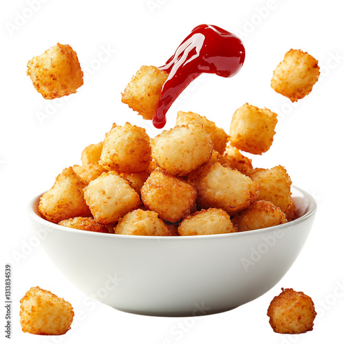 A Bowl of Crispy Tater Tots with Ketchup Flying Off Isolated on Transparent Background