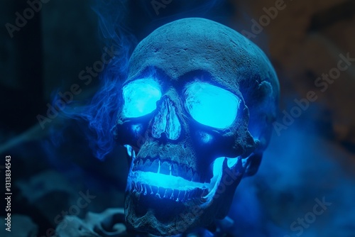 Glowing Skull with Blue Light and Ethereal Smoke Effects