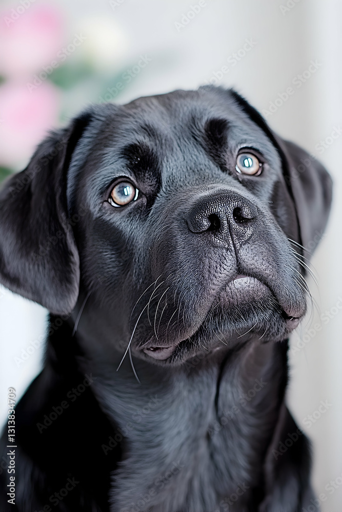 Close-up of a black dog with captivating eyes, looking up Close-up of a black dog with captivating eyes, looking up