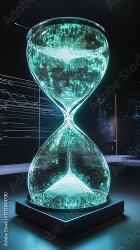 This mesmerizing hourglass features glowing particles and digital data visuals, embodying a modern approach to the concept of time and technology.