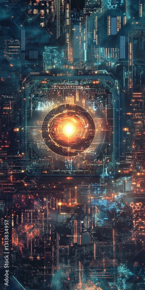 Explore a futuristic technology background featuring a glowing core surrounded by intricate circuitry. This vibrant digital design captures energy and innovation.