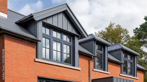 A beautifully designed single-family house featuring a sleek gray aluminum sheet roof, warm red brick walls, and elegant gray wooden window frames, embodying timeless British architecture.
