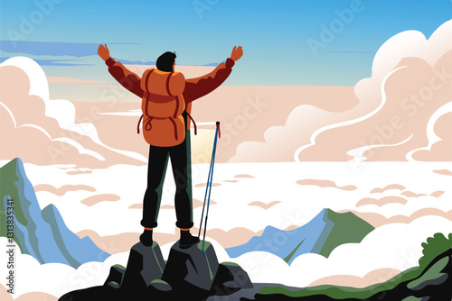 A triumphant hiker with arms raised, stands on a rugged mountain peak, gazing at a breathtaking vista.  Sunlight illuminates the scene.