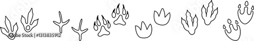 Dinosaur tracks icon set. Dragon tracks foot print symbol silhouette black vector collection isolated on transparent background. Dino cute trail texture. Hand drawn paleontology dinosaur paw prints.