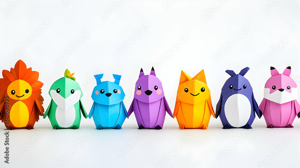 Obraz premium Colorful papercraft animals holding hands in a row
