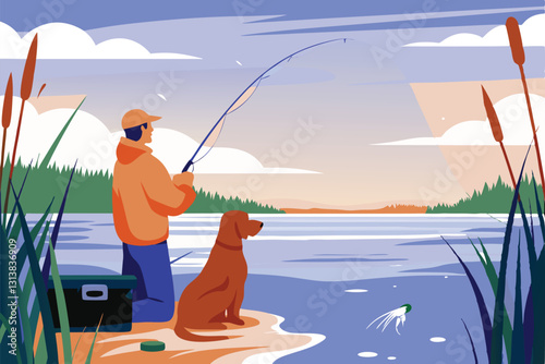 A serene lakeside scene a man patiently fishing, his faithful dog sits attentively by his side, enjoying the peaceful moment.