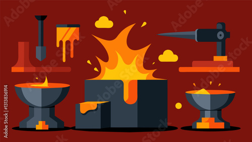 As the molten metal cooled and hardened it was chiseled and shaped into various forms ready to be shipped off to factories for further refinement.. Vector illustration