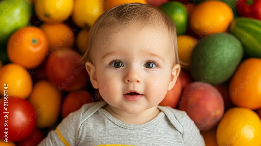 Baby enjoying a playful moment surrounded by colorful fruits in a vibrant setting Baby enjoying a playful moment surrounded by colorful fruits in a vibrant setting