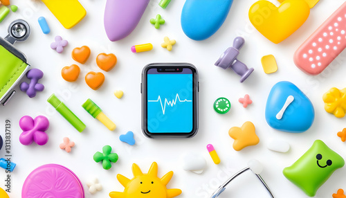 Colorful toy medical items surround a smartphone displaying a heart rate monitor