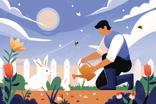 A man gently kneels in a vibrant flower garden, a playful rabbit hops nearby.  Warm sunlight illuminates the scene.