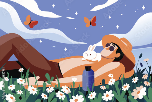 A peaceful scene a man serenely rests in a sun-drenched meadow, a small rabbit nestled contentedly on his chest.