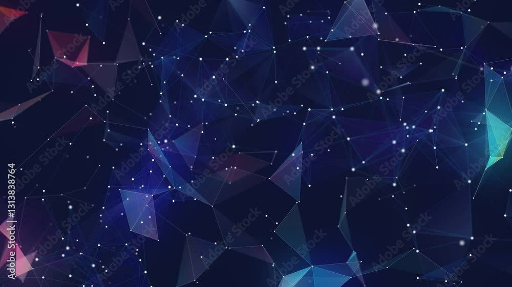 Plexus AI technology background of animated lines and dot connection network triangles. Motion plexus of dots and lines. Technology with white light that pulse in center, social networks
