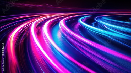 Curved Neon Light Streaks Displayed Against Dark Black Background