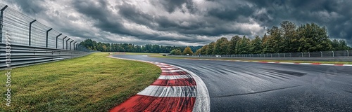 Beautiful view of the Nürburgring race track in Germany, with grass and red-and-white striped curbs on one side and gray metal fence walls along it.