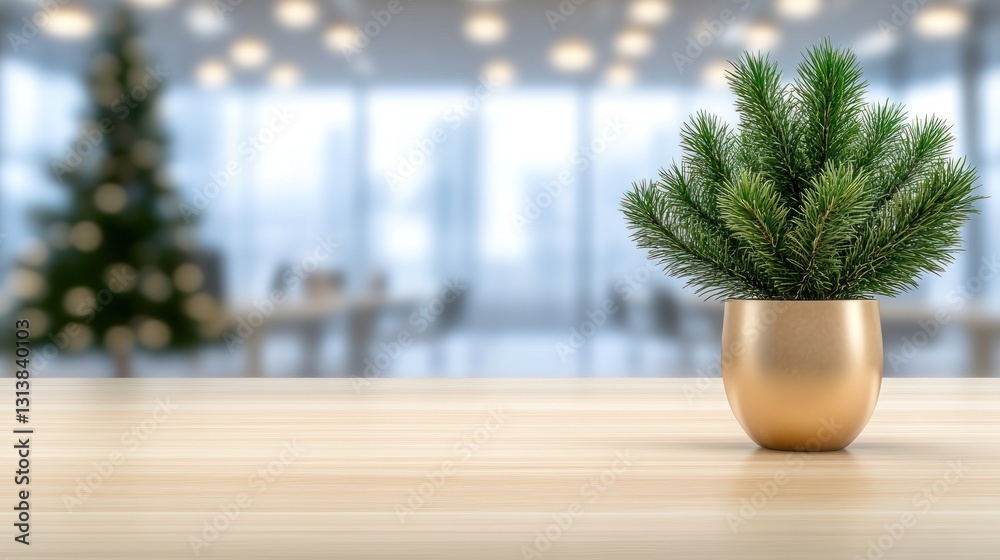 Festive Office Decor: A Golden Potted Pine Branch on a Wooden Table Festive Office Decor: A Golden Potted Pine Branch on a Wooden Table