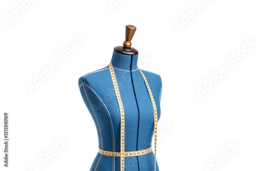A close-up of the blue dress form, emphasizing its elegant curves, golden measuring tape, and wooden finial, showcasing fashion design details, isolated on a transparent background