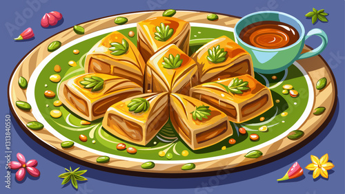 Delicious baklava portions garnished with pistachios and honey on elegant plate with transparent background