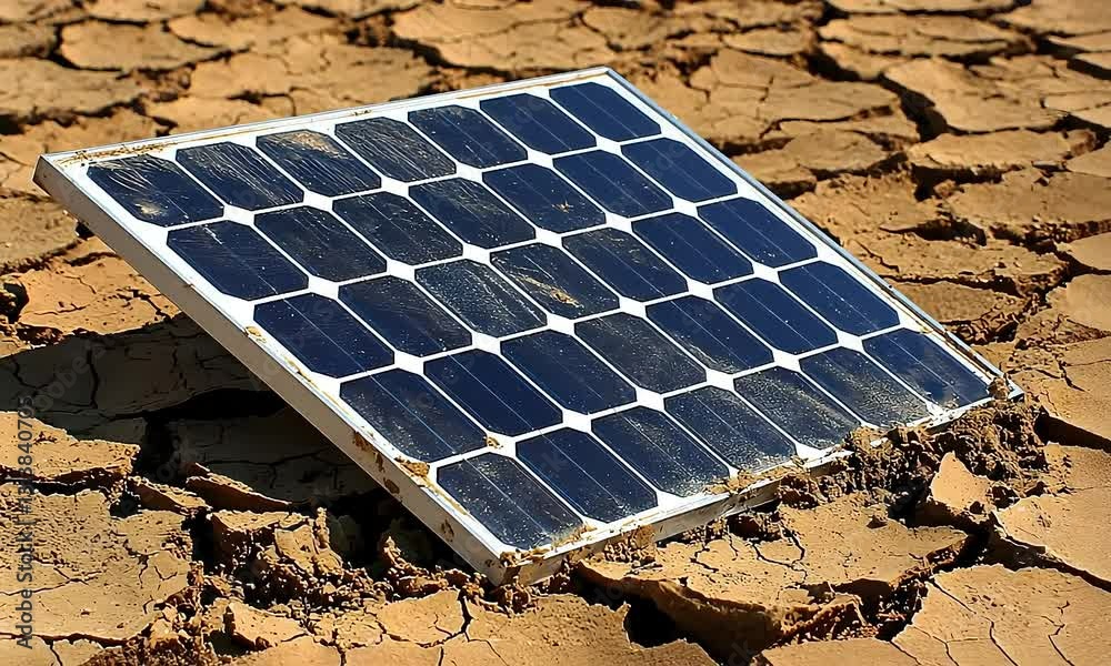 Dusty Solar Panel in Dry Cracked Earth: Renewable Energy in Arid Climate
