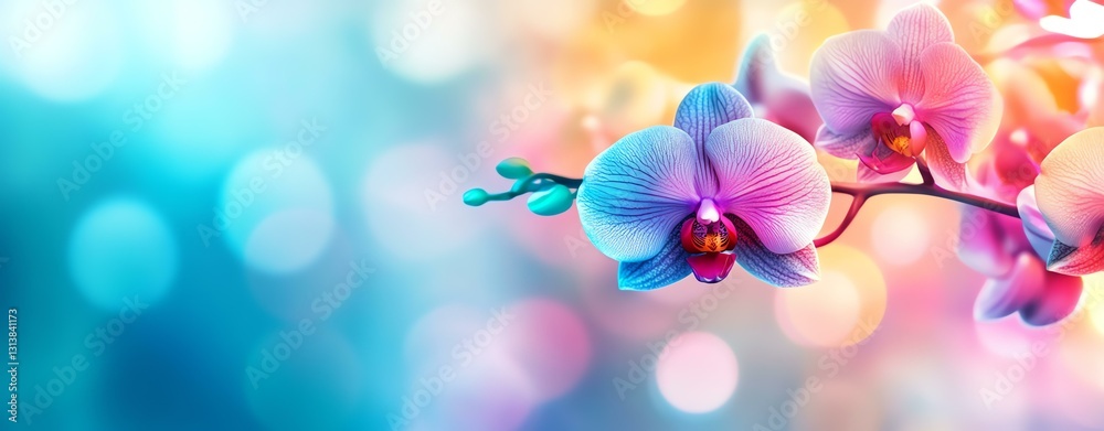 Naklejka premium Vibrant orchid flowers with colorful bokeh backdrop