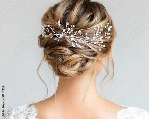 Elegant low bridal bun adorned with a delicate pearl and vine hair accessory photo